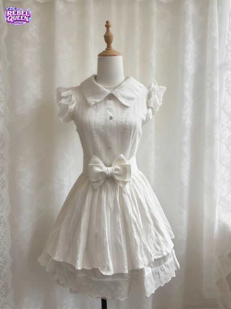 

Summer Korean Sweet Preppy Dress Women Slim Lace Bow Lapel Mini Dress Harajuku Fresh Gentle Fashion Vintage Elegant Outfit