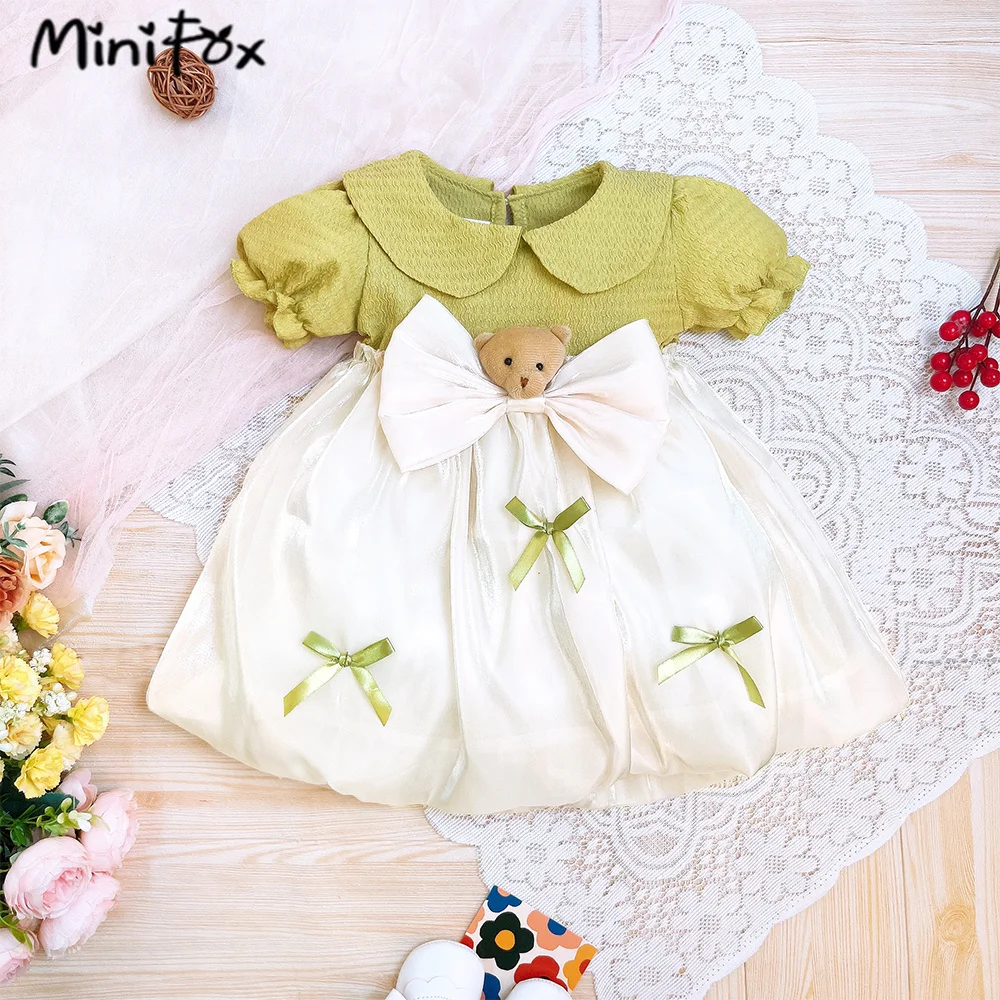 MiniFox 0-4Y Baby Princess Dresses Summer Puffy Sleeve Cartoon Bear Dress For Girls Kids Party Gown Children Clothes Baby