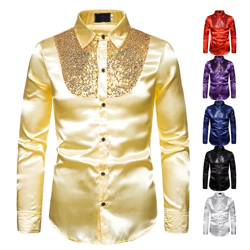 

Sparkle Men Shirt Long Sleeve Point Collar Formal Nightclub Party Performance Wear