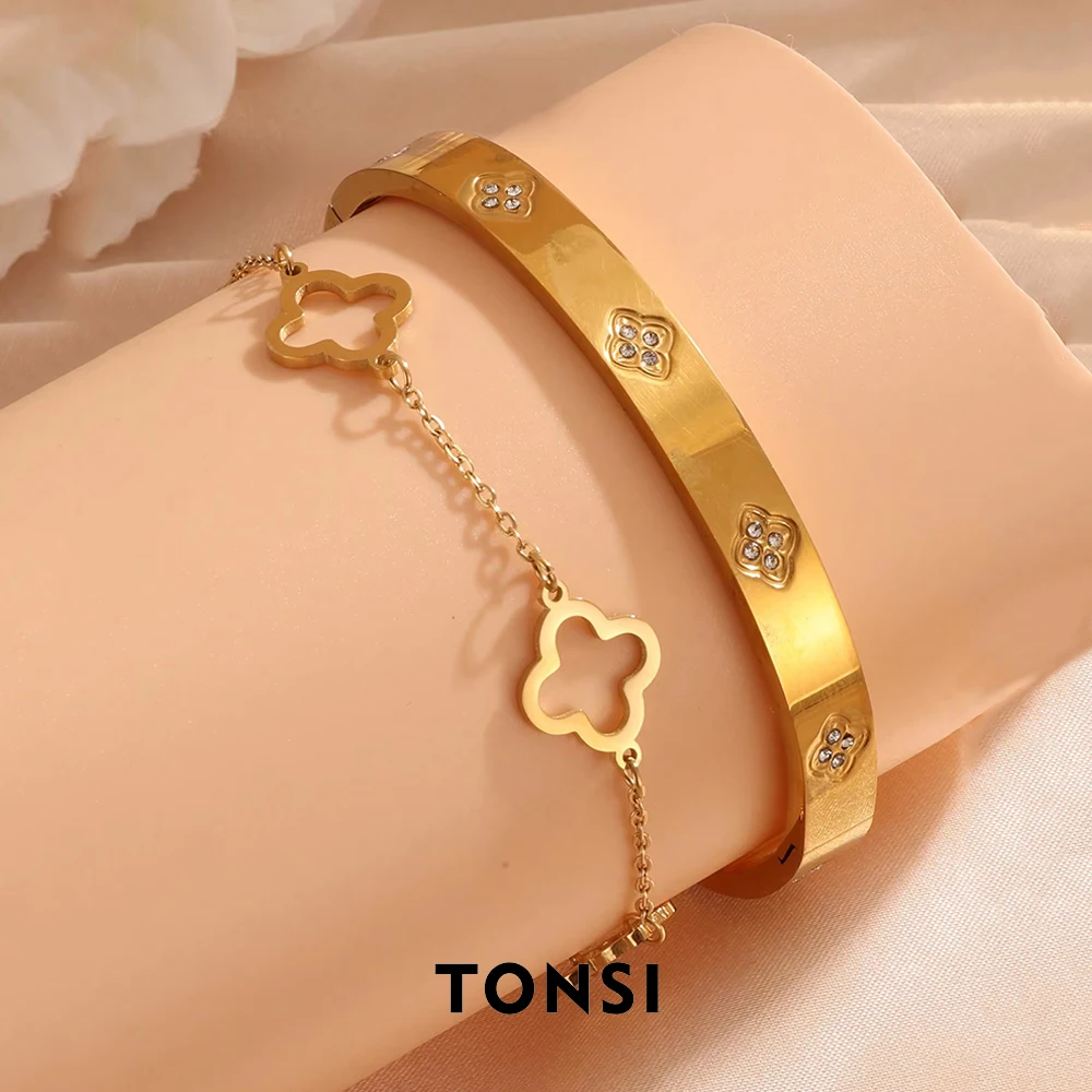 2 Pcs Triangle Star Zirconia Bracelet with Clover Bracelet, suitable for daily wear, Valentine's Day Gift, Mother's Day Gift