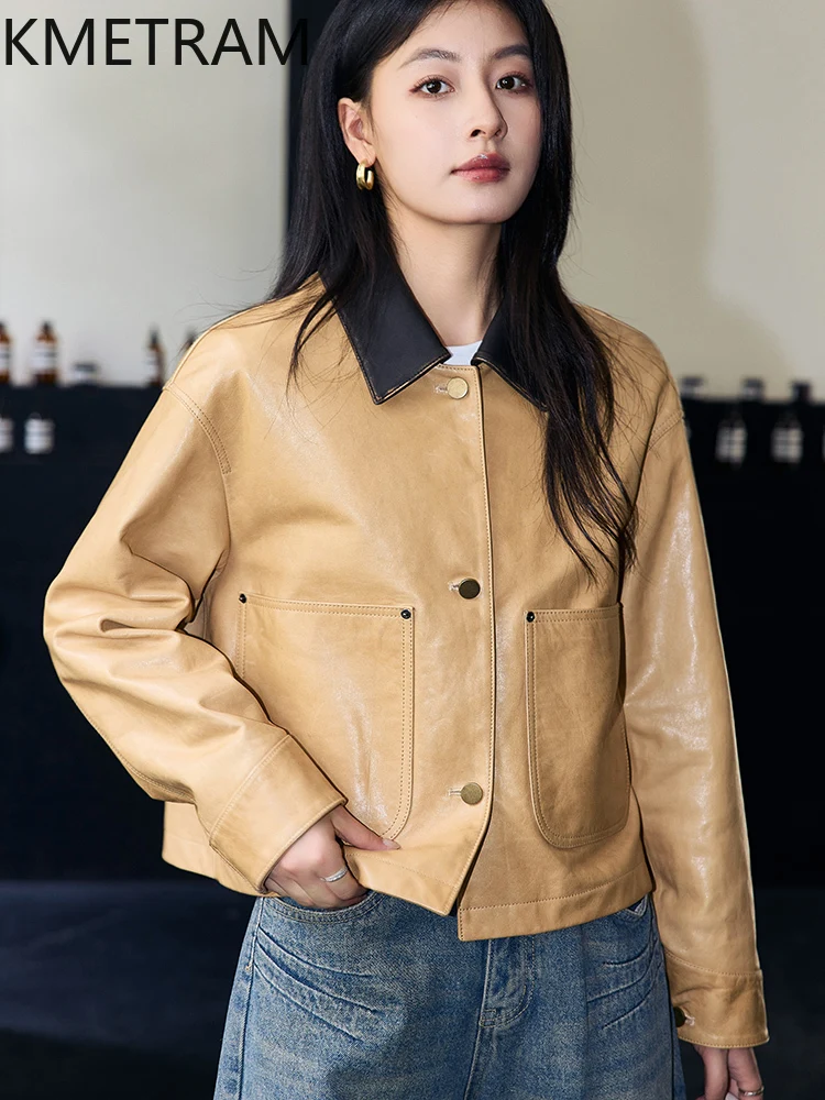 100% Oil Wax Sheepskin Jacket Woman Pudding Yellow Genuine Leather Jackets New in Outerwears Fall Clothes 2025 Women дубленка
