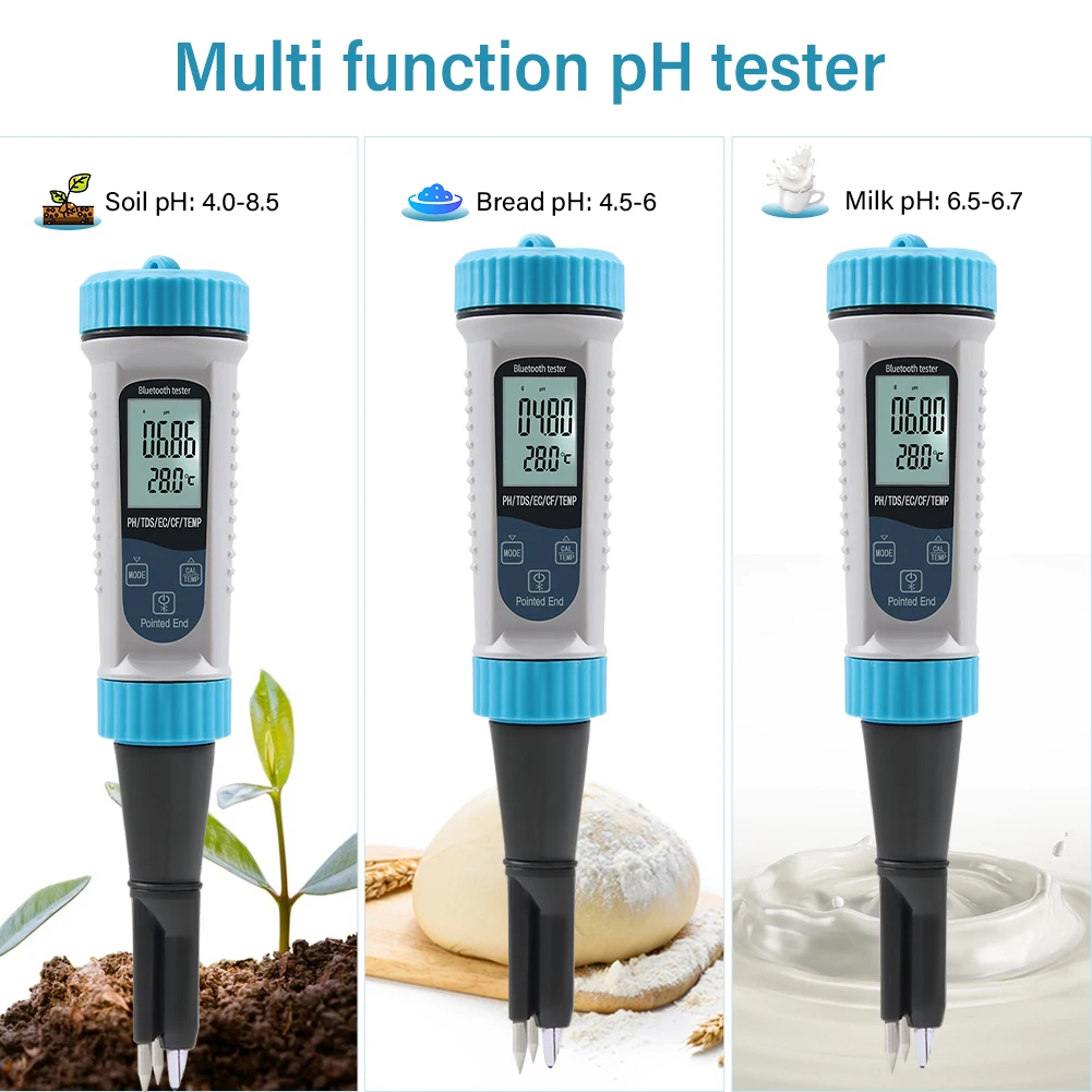 Smart Tuya PH Meter EC/TDS/CF/Temp Bluetooth Water pH Tester for Soil Food Cosmetics Meat Gardening