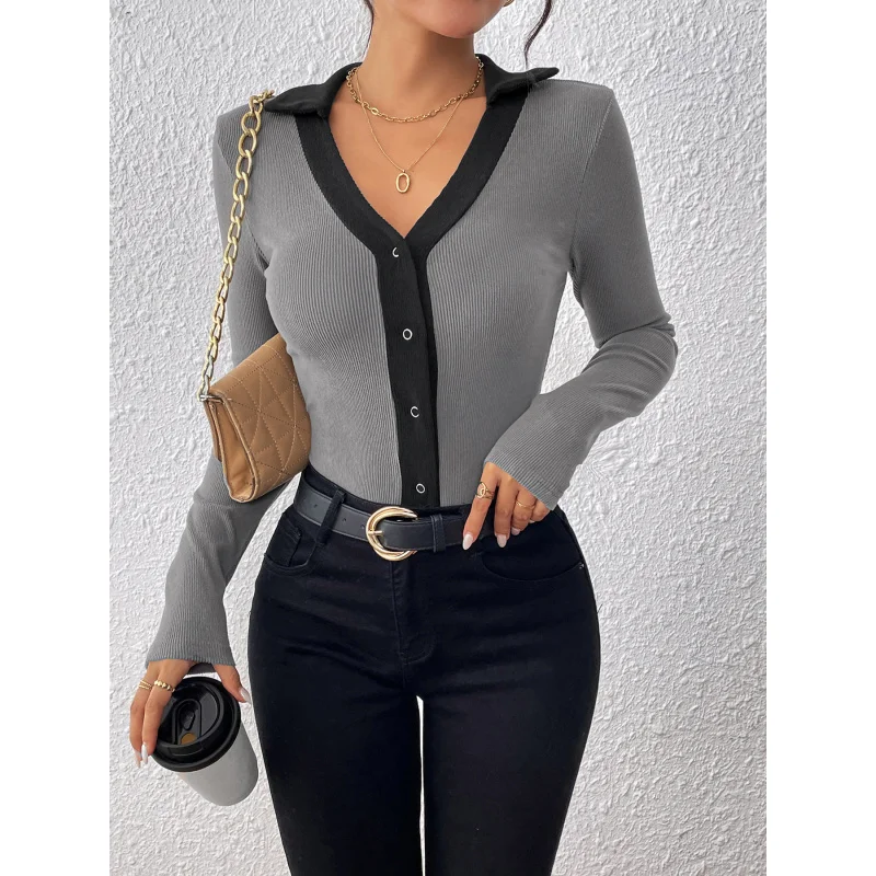 

New Autumn Collar Contrasting Color Pit Stripe Brushed Jumpsuit