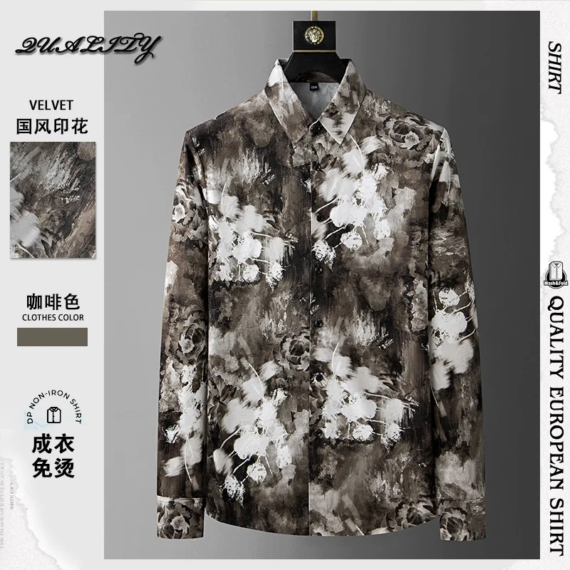 New Chinese Style Ink Wash Jacquard Shirt for Men Fashion Loose Casual Business Shirts Social Streetwear Party Tops