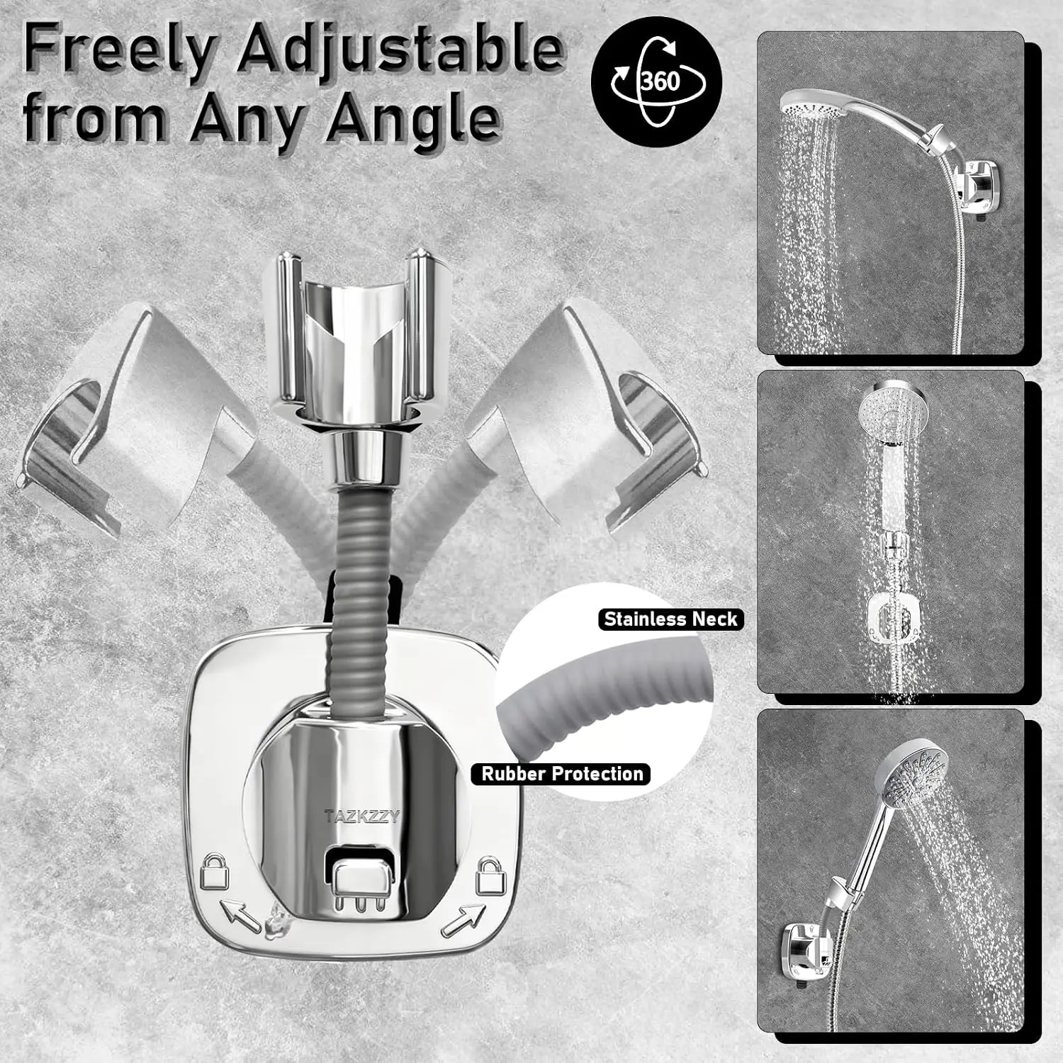360° Swivel Head Suction Cup Shower Head Holder for Handheld Shower, Silver
