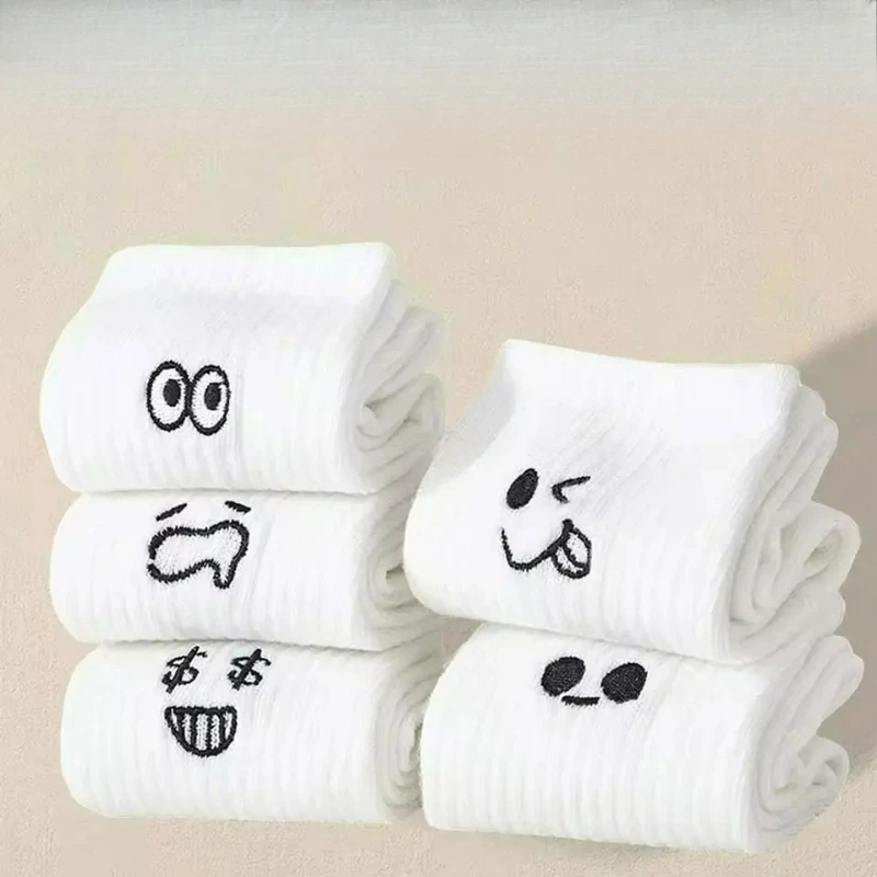 5Pairs Men Women White Cartoon Socks Trendy Versatile Four Seasons Socks with Simple Soft Breathable Comfortable Casual Socks