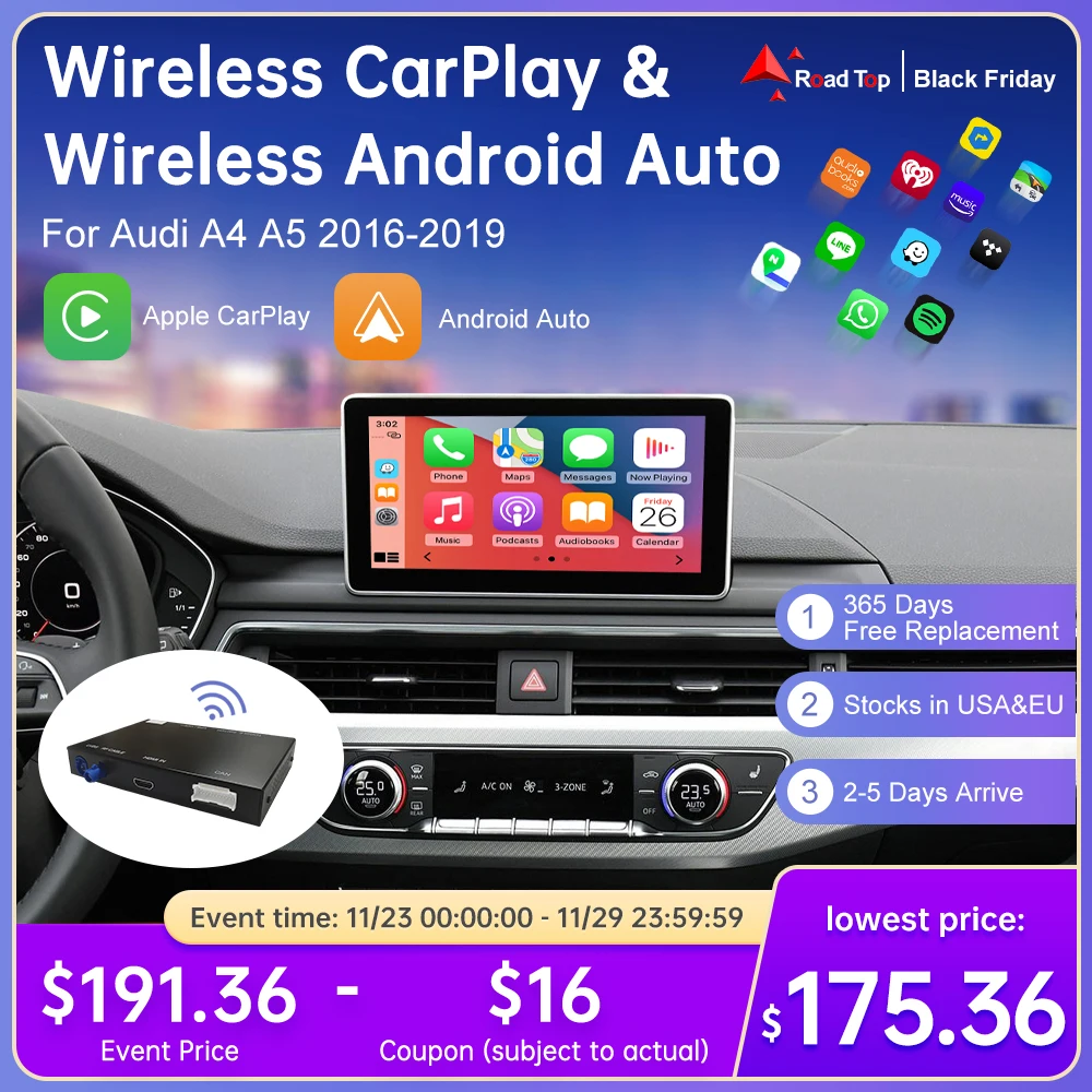 Road Top Wireless Carplay for Audi A4 A5 2016-2019, Support Android Auto AirPlay Mirroring Rear Camera USB Player Car Play