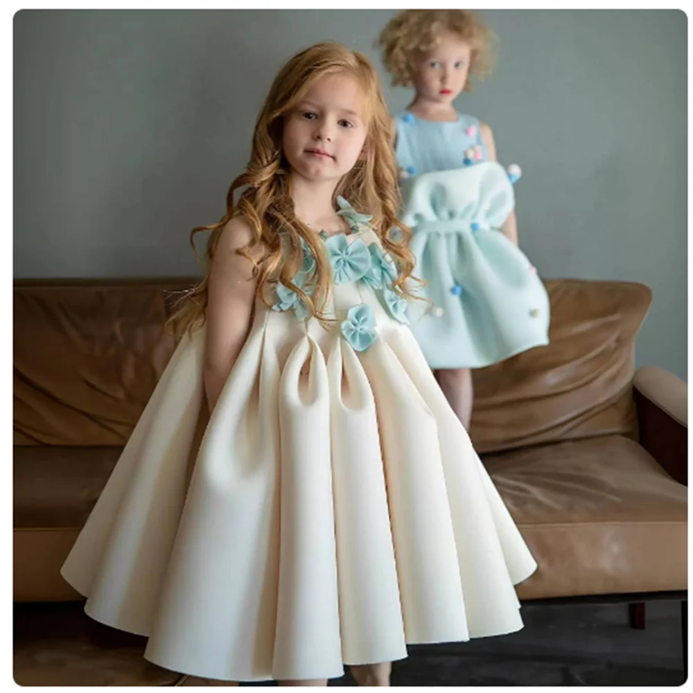 

Luxury Beige Flower Girl Dress Handmade Flowers Baby Kids Princess Birthday Wedding Party Communion Ball Gown