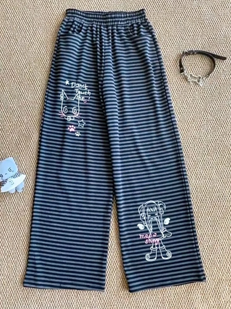 HOUZHOU Y2k Kawaii Gray Striped Graphic Women Pants Pink Cute Wide Leg Japanese Style Straight Trousers Baggy Casual All-match