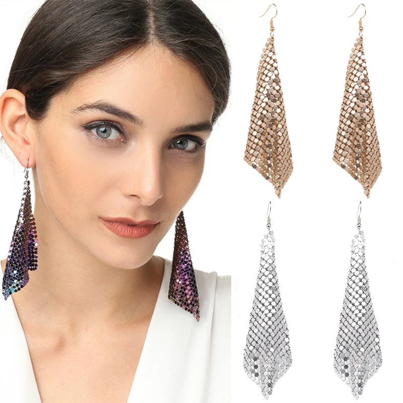 Fashion Metal Sequin Geometric Sheet Long Drop Dangle Earrings For Women Exaggerated Attractive Trendy Female Earrings Jewelry