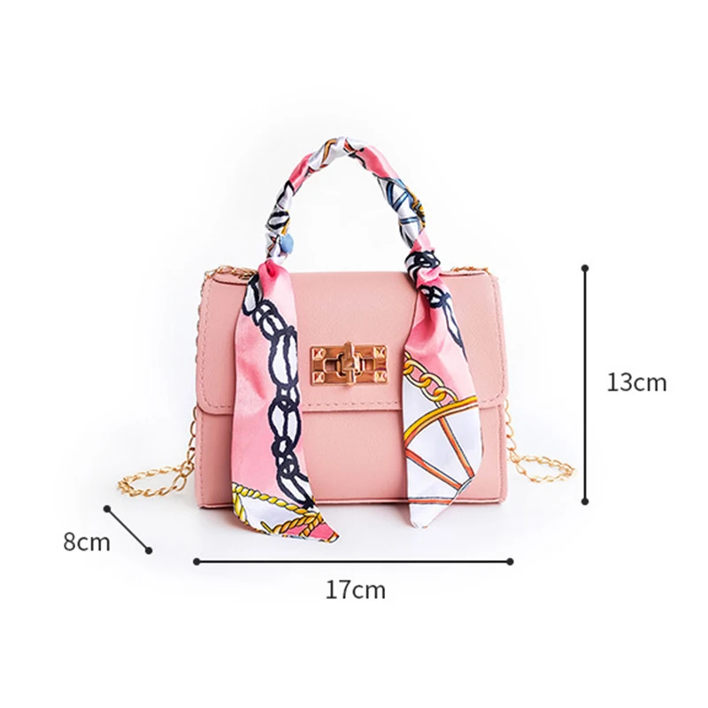 Women Small Square Pack Handbags Silk Scarf Shoulder Bags PU Leather Mini Chain Bag Luxury Ribbons Crossbody Messenger Bags