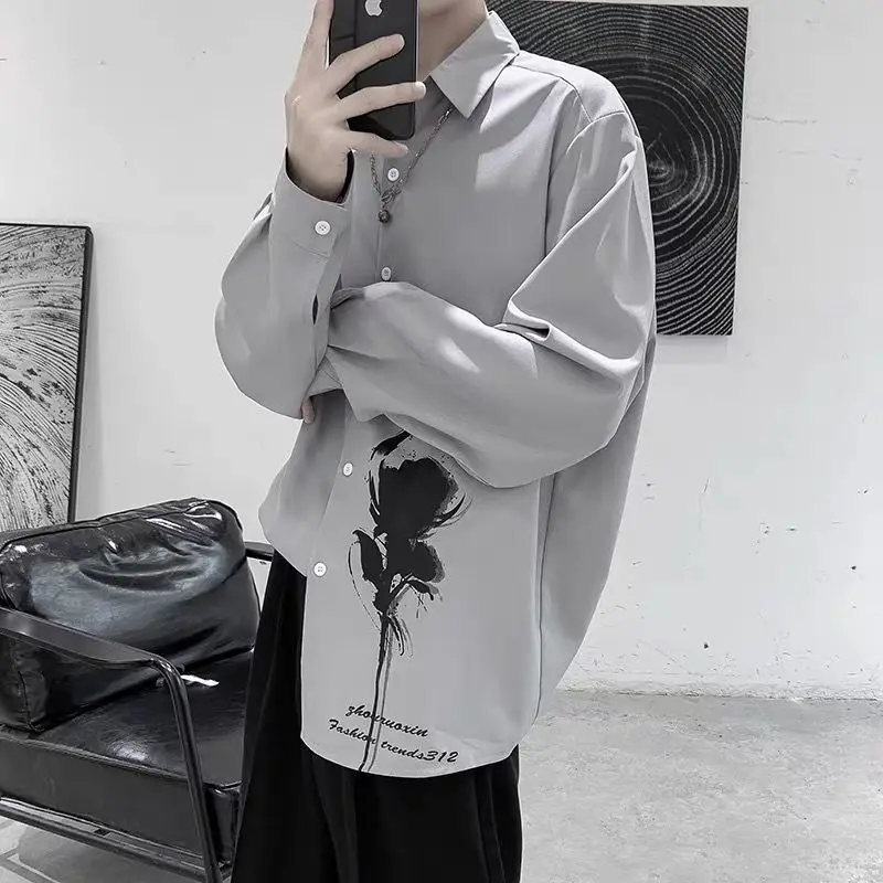 Japanese Trendy Men's 2024 Spring and Autumn New Splicing Square Collar Button Printed Fashion Loose Casual Long Sleeve Shirts