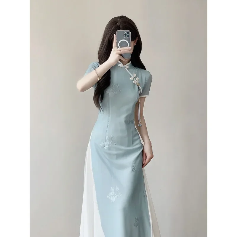 Women Summer Chinese Style Dresses Blue Stand Up Collar Short Sleeved Qipao Dress Girl Elegant Modern Cheongsam Evening Dresses