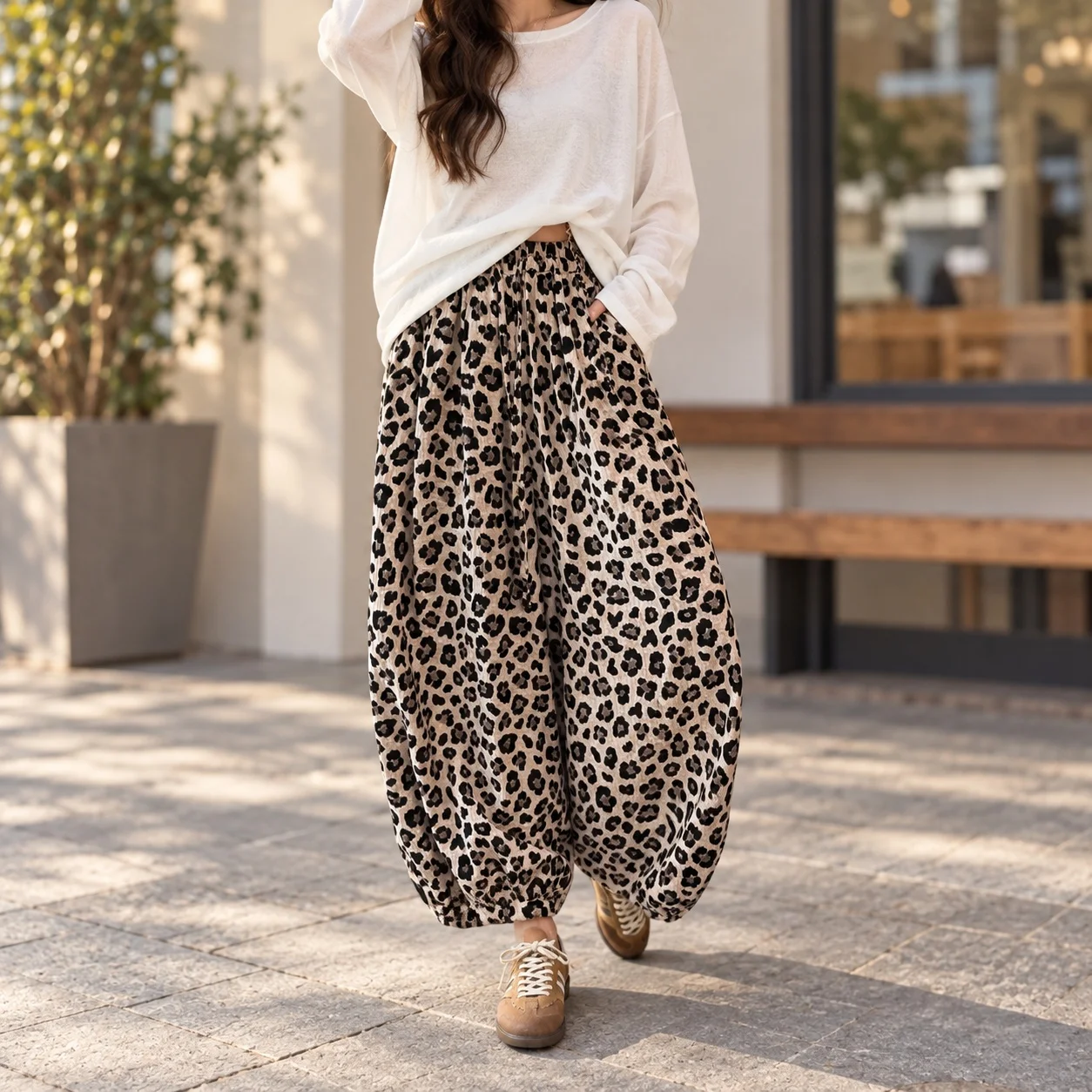 Loose Fit Leopard Print Pants High Waist Cropped with Slight Stretch Lightweight Summer Women Pants European and American Style
