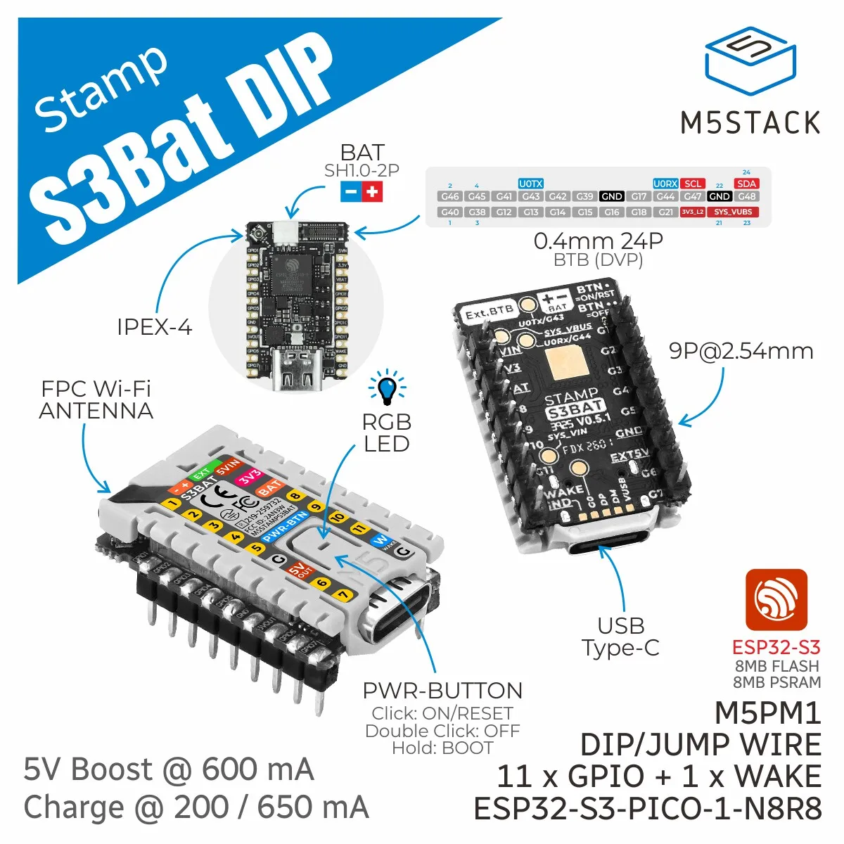 M5Stack Official Stamp-S3Bat DIP Power Management Integrated Embedded Core Module ESP32S3 for Electronics Projects