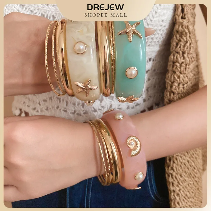 (4Pcs) Starfish Artificial Pearl Resin Bangle Bohemian Vacation Style Gold-color Stackable Bracelet Set