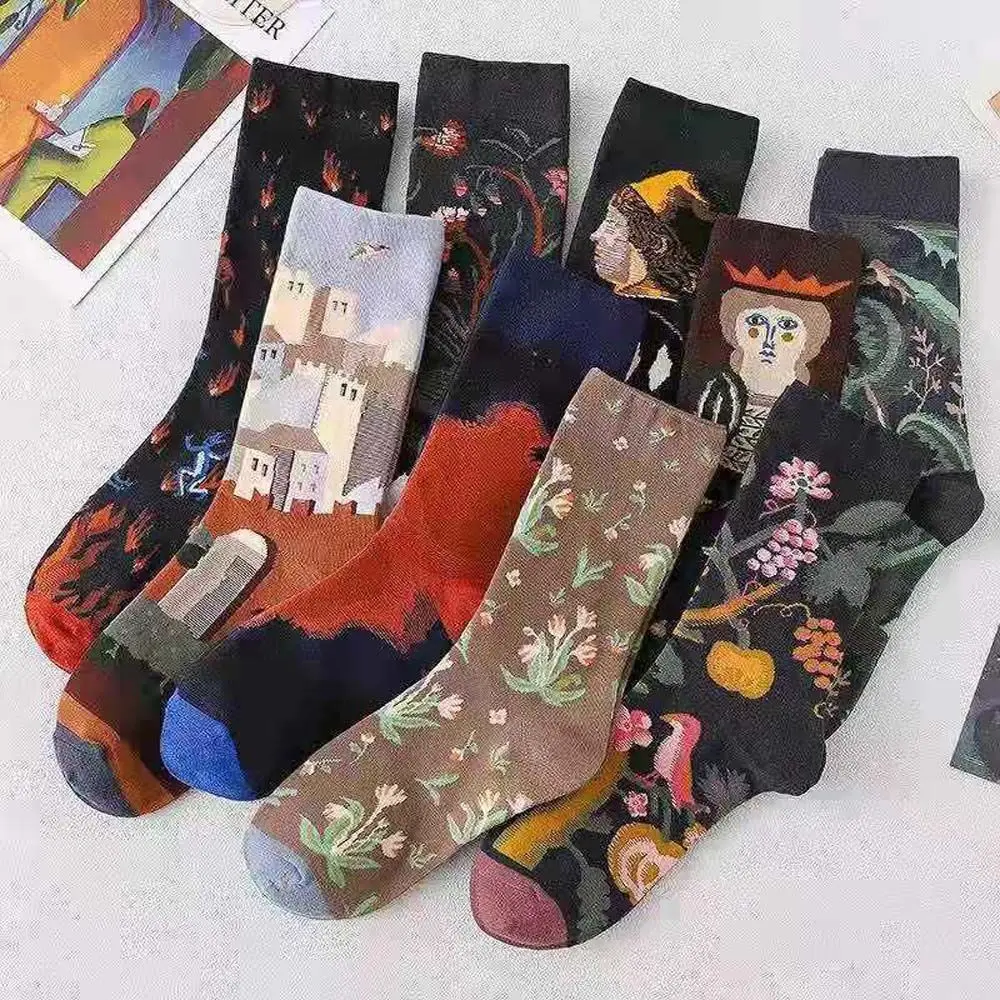 Fashion Female Hosiery Retro Cotton Couples Socks Female Mid-tube Sock Autumn Winter Socks Oil Painting Socks