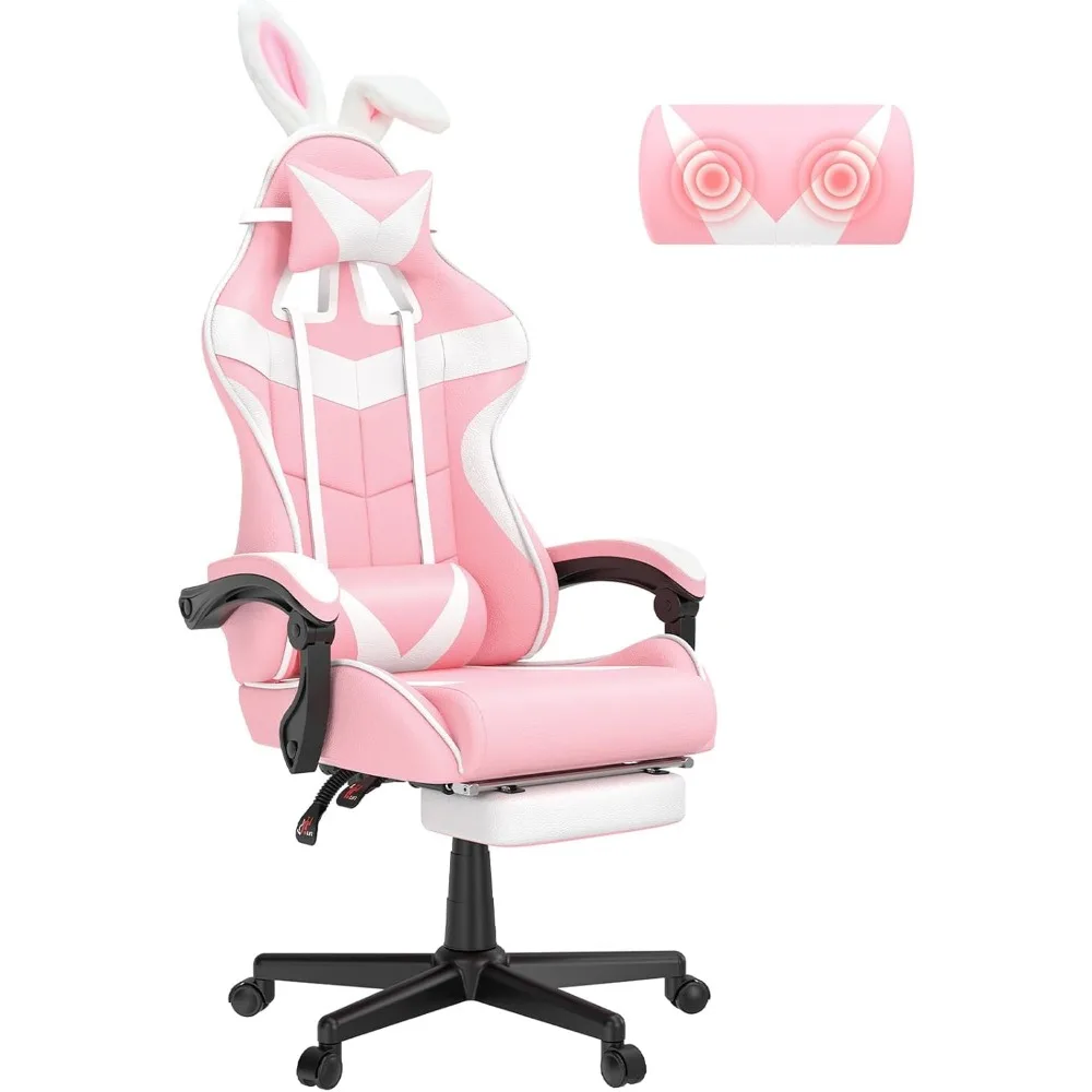 Kursi Gaming Pink dengan sandaran kaki, kursi Gamer komputer kelinci indah, kursi meja untuk cucu, saudara perempuan