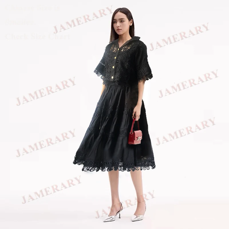 

Summer Two Piece Set Women Blouse Shirt Short Skirts Suits Loose Big Size Embroidery Hollow Out Midi Long Holiday Party Vestidos