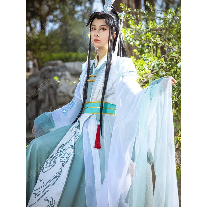 Dibujos animados Tian Guan Ci Fu Shi Qingxuan hombre versión Cosplay disfraz antiguo Hanfu traje pelucas zapatos ventilador Prop para Halloween