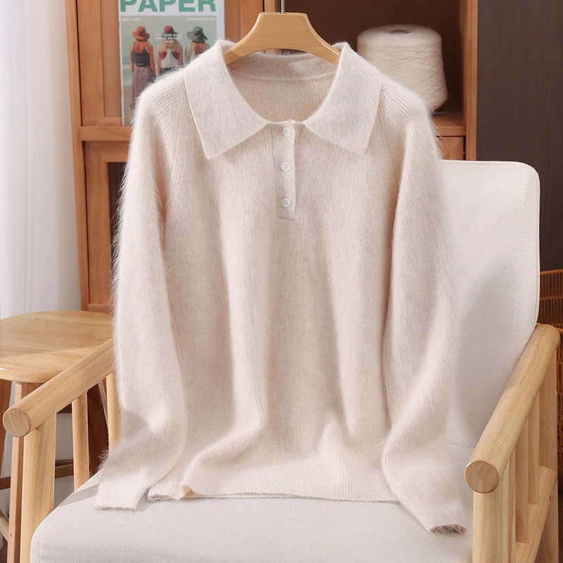 Women's 100% Mink Cashmere Polo Collar Pullover Sweater Half Button Vertical Rib Cloud Soft Refined Chic Autumn Winter Knit Top