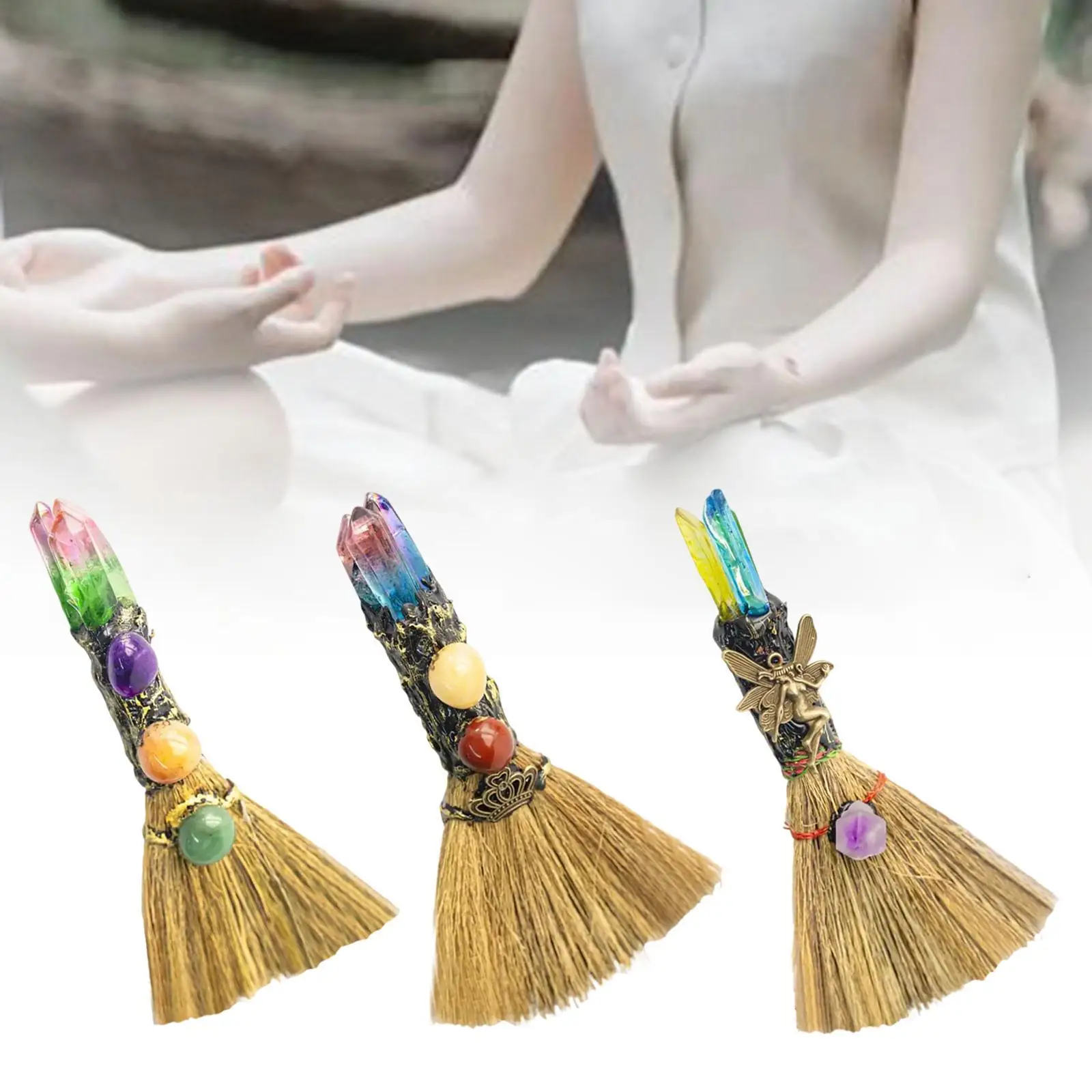 Crystal Miniature Broom Home Ornament Halloween Witch Decoration Hanging Accessory for Party Use
