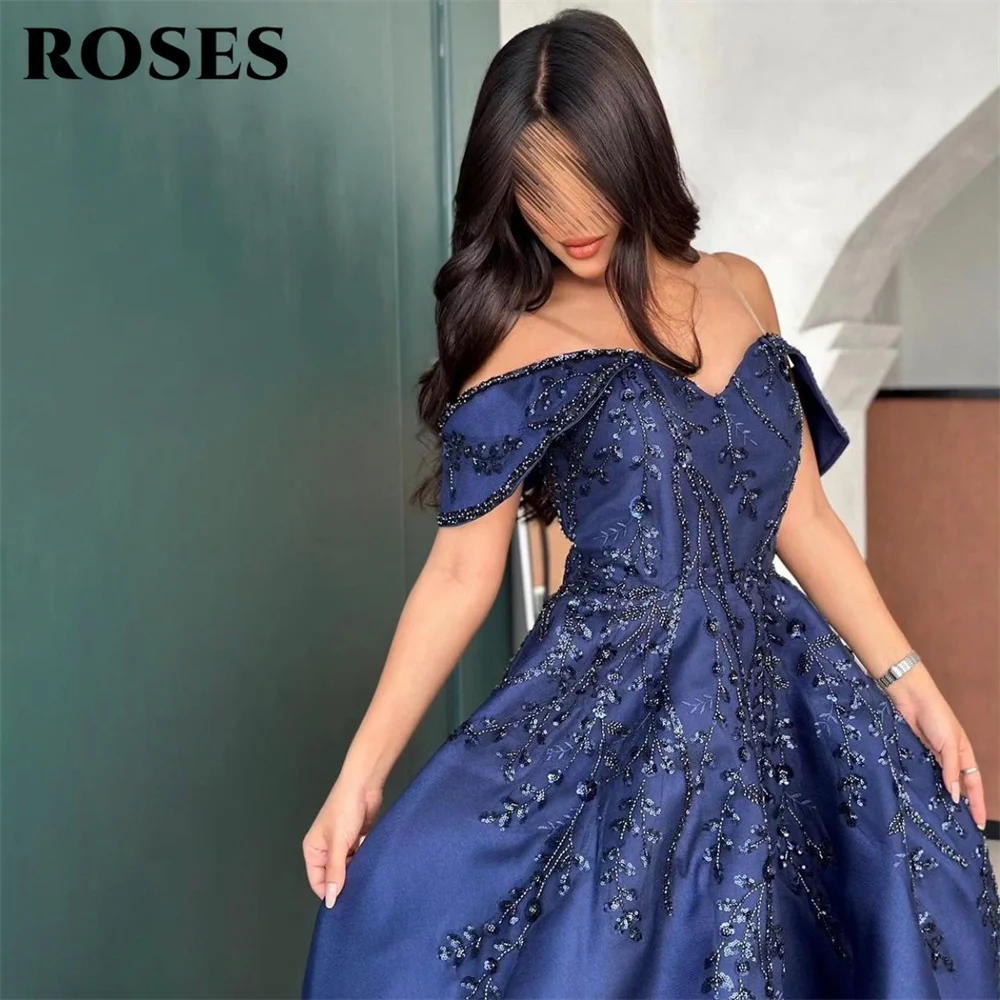 

ROSES Navy Blue Evening Gown for Woman Off Shoulder Satin Formal Dress with Beaded Embroidery A Line Sequin 프롬 드레스 Customi