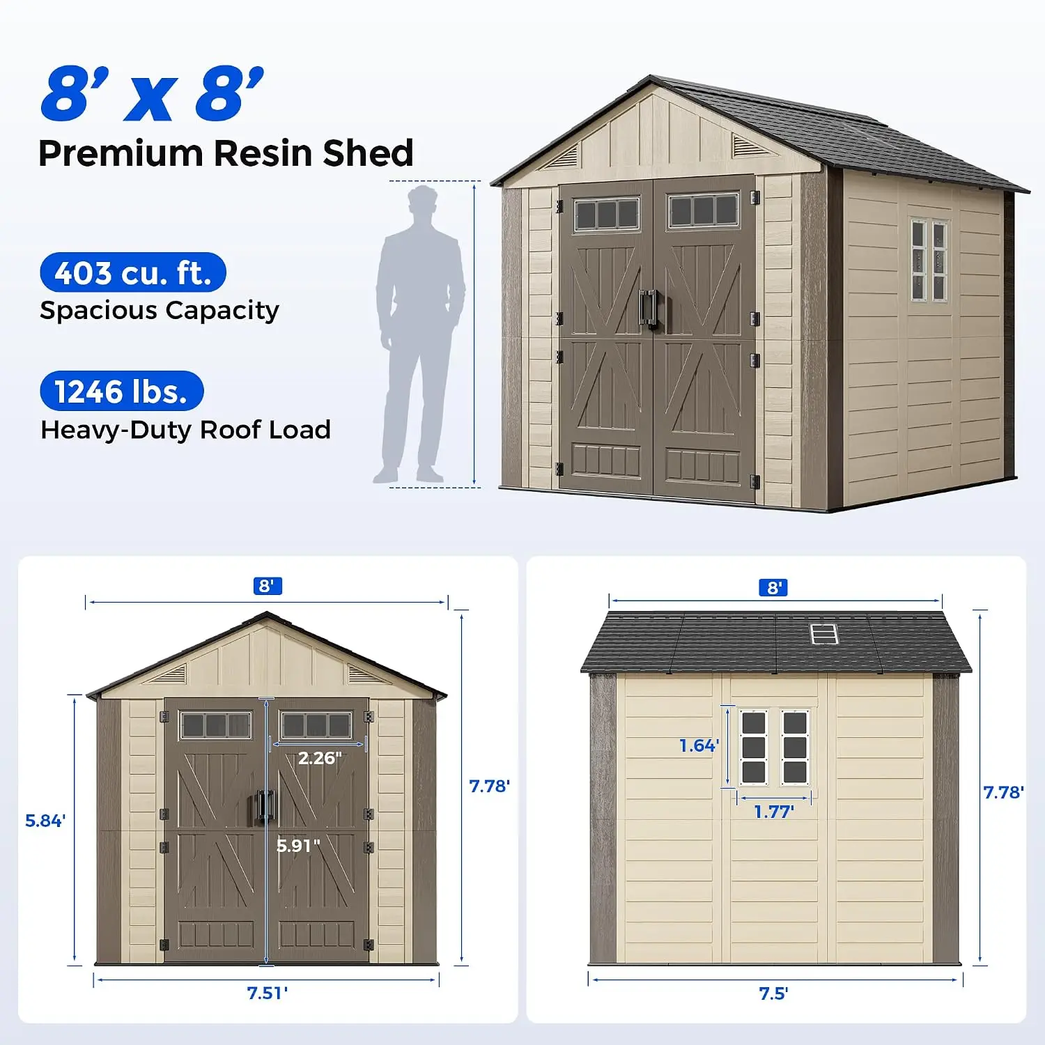 8x8 FT Resin Outdoor Storage Shed with Floor, Plastic Garden Tool Shed, Backyard Patio Organizer, Customized