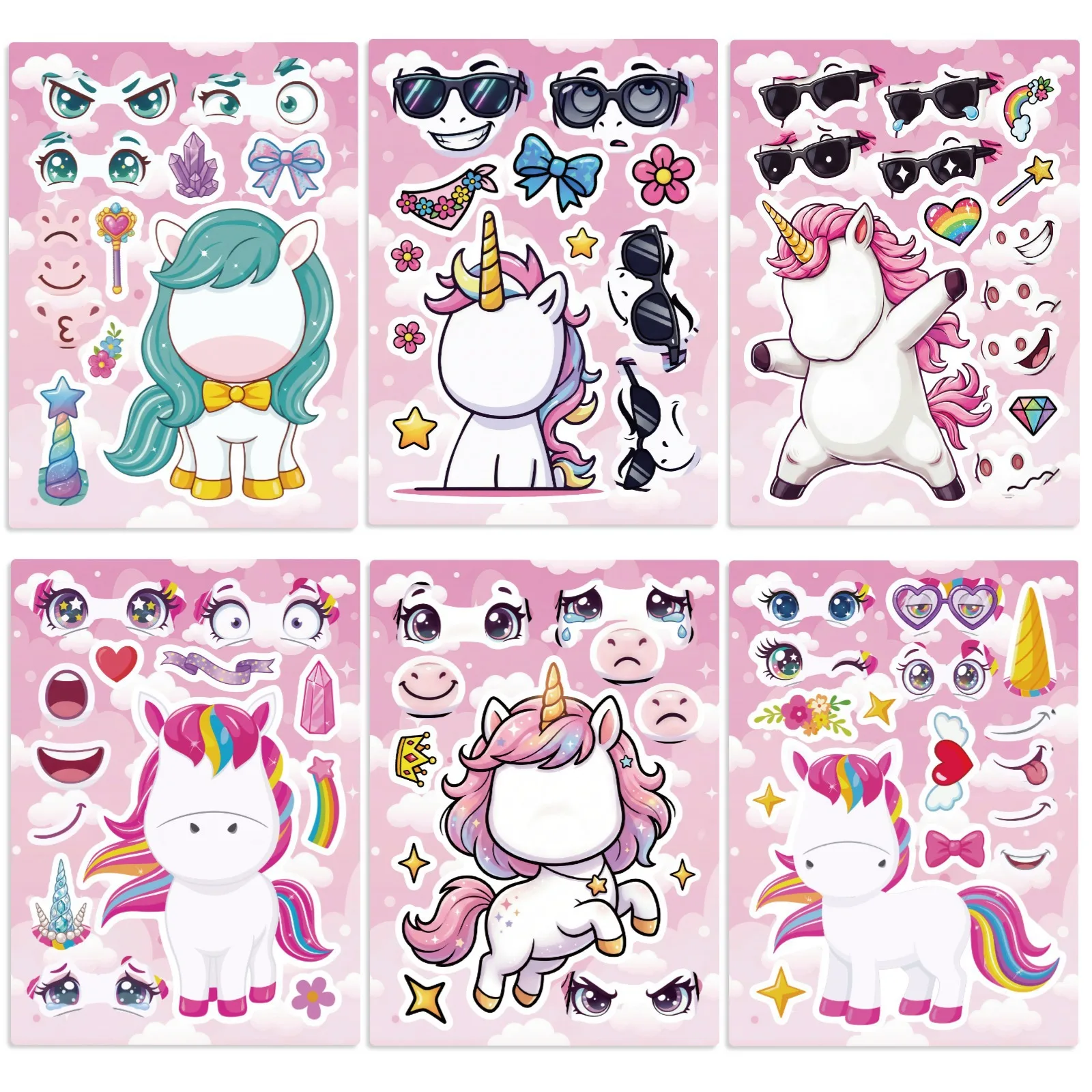 6Pcs Per Pack Unicorn Face‑Changing Puzzle Stickers Interactive Creative Decor DIY Decals for Kids