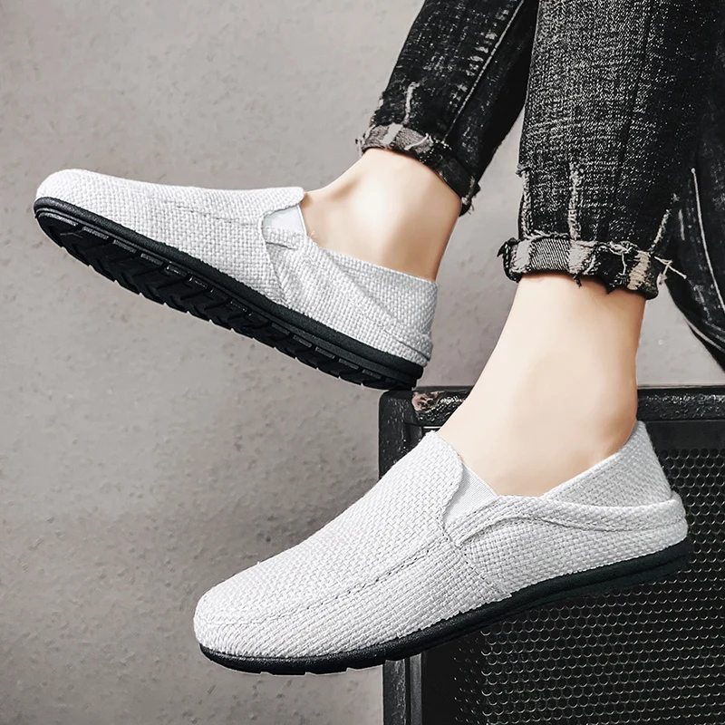 Men Casual Shoes Flax Breathable Male Slip On Sneakers Lightweight Canvas Shoes Classic Linen Loafers Driving Shoes