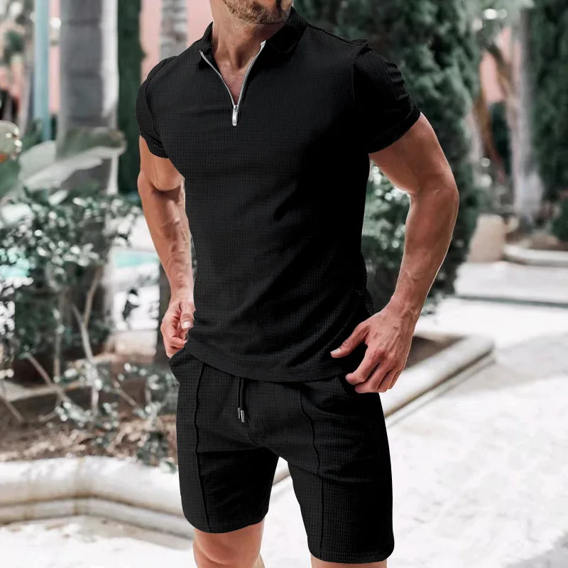 Men\'s Athletic T-Shirt Set Casual Lapel Short Sleeve Pullover Zip Up T-shirt Shorts 2-Piece Sets Men\'s Solid Sporty Suits