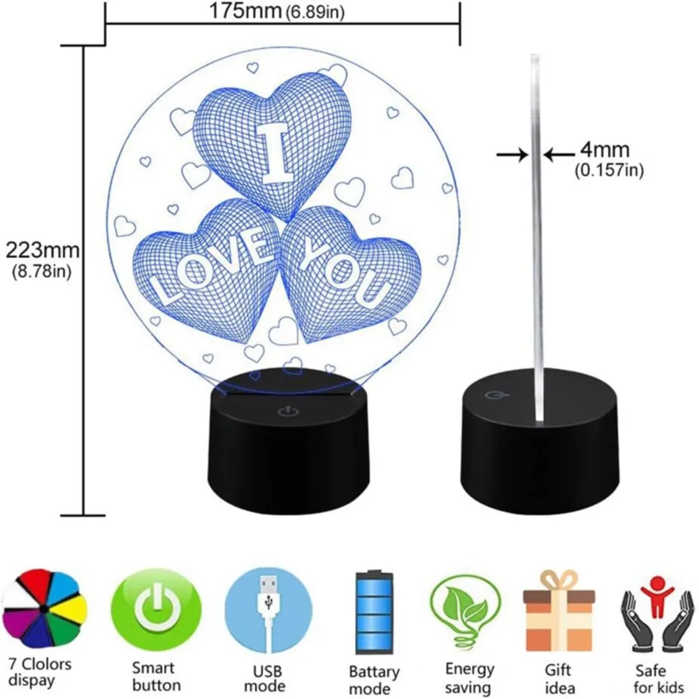 7/16 Kolorowa lampka nocna 3D Love Heart Wizualna lampa akrylowa do dekoracji stołu Urodziny Prezent walentynkowy