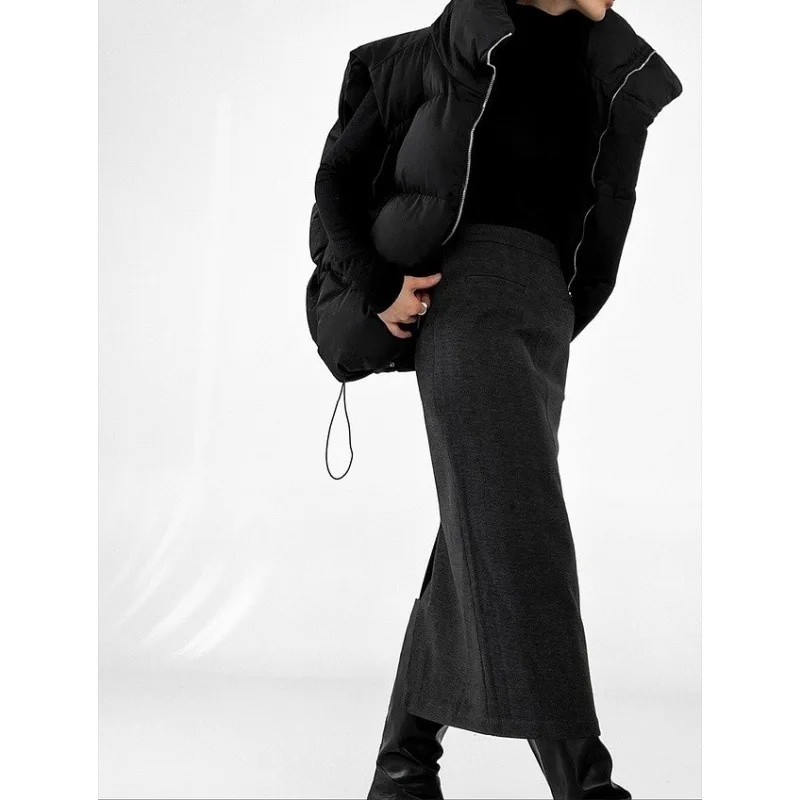 Women Y2k Parkas Vest Casual Coat Turn Down Collar Sleeveless Zipper Drawstring Hem Loose Office Jackets 2025 Autumn Winter