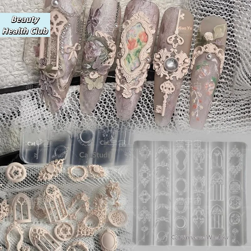 【3D-Silikon-Nagelkunstform im europäischen Stil mit Retro-Mustern, Kerzenständer- und Kerzendesign-Dekor, DIY transparente Maniküre-Vorlage】