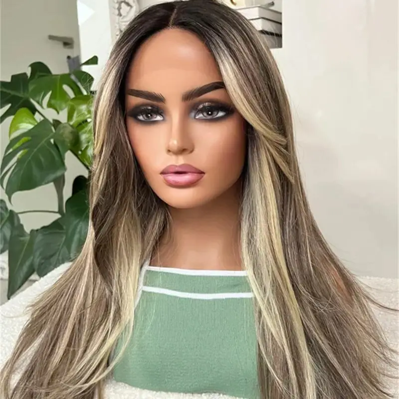 أومبير شقراء براون الطبيعية مستقيم الاصطناعية HD الدانتيل شعر مستعار أمامي شعر مستعار واقعية للنساء جذور داكنة شعر مستعار لينة شعري