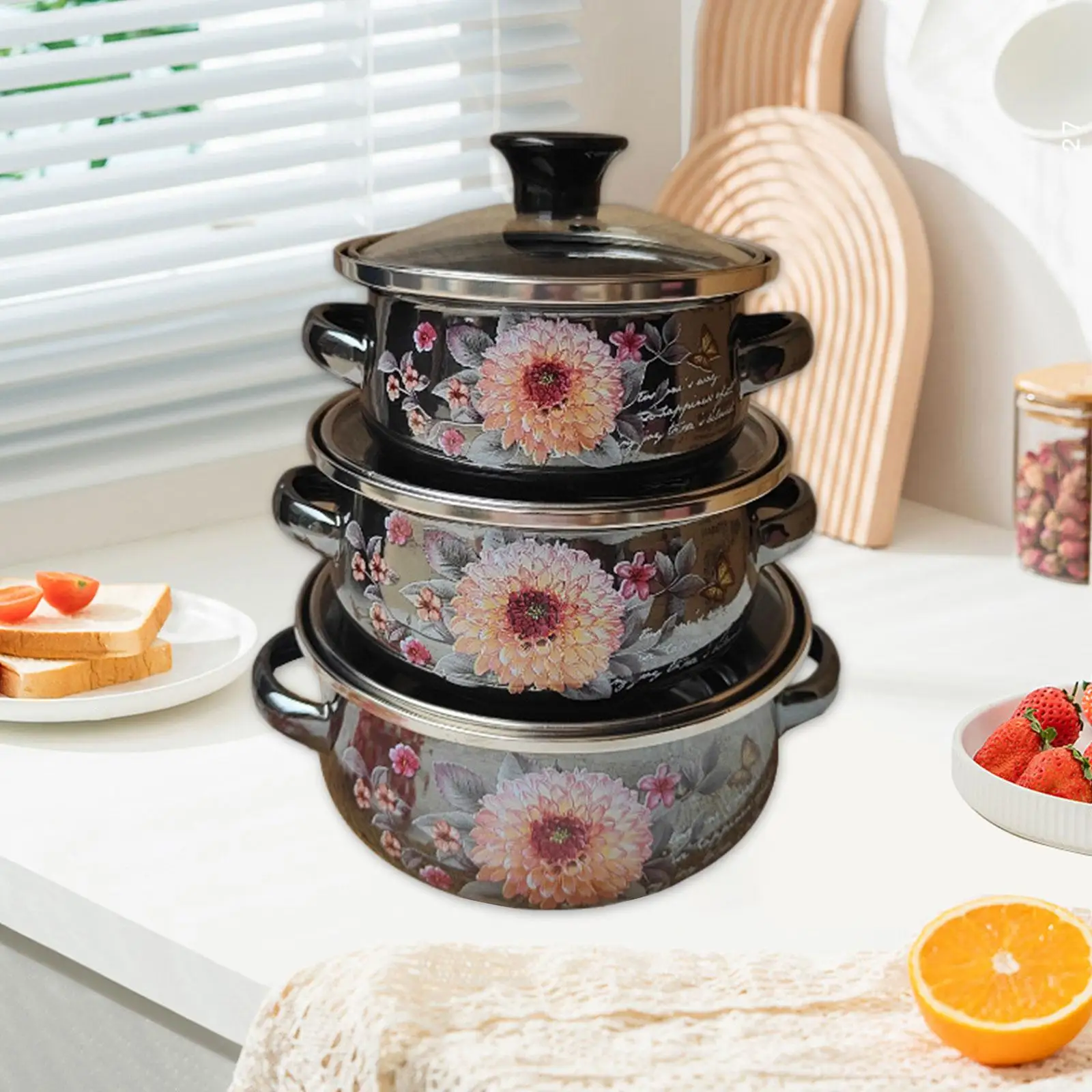 

3x набор эмалированных кастрюль с двойными ручками, легкие кухонные кастрюли с крышками, кастрюли с плоским дном для подарка, столовой, домашнего отеля