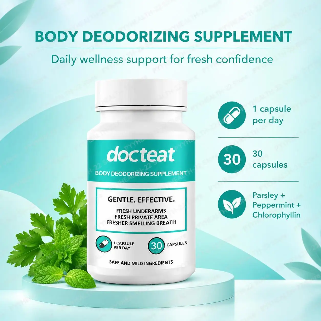 Body Deodorizing Capsules with Sodium Copper Chlorophyllin, Parsley & Peppermint Leaf, Supports Digestive Balance, 30 Capsules