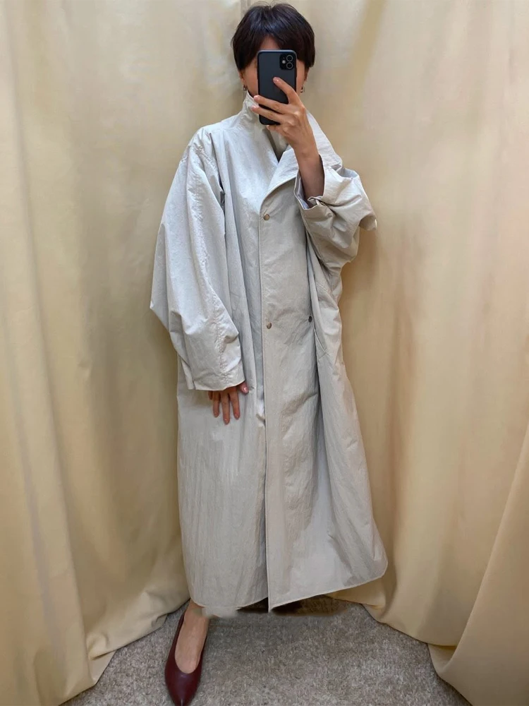 Women Casual Long Trench Coat with Lapel Collar Single-Breasted Batwing Sleeves Windbreaker New Streetwear Oversized Outerwear view 4