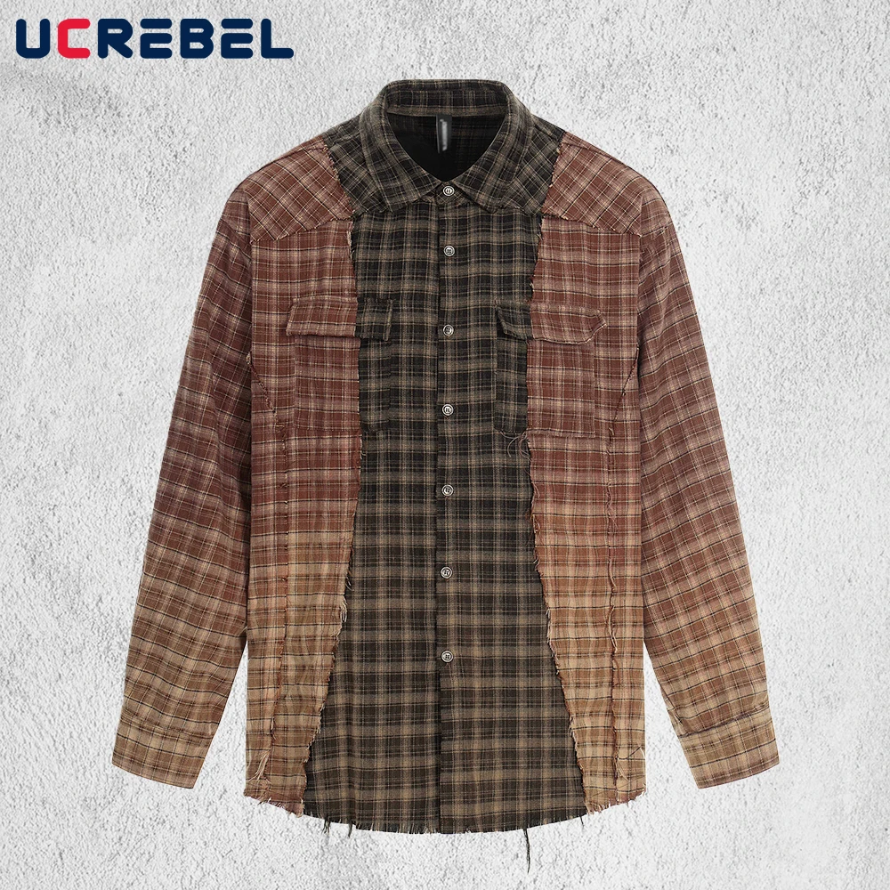 Patchwork Plaid Long Sleeve Shirts Mens Spring Pocket Retro High Street Lapel Single Breasted Raw Hem Shirts Man