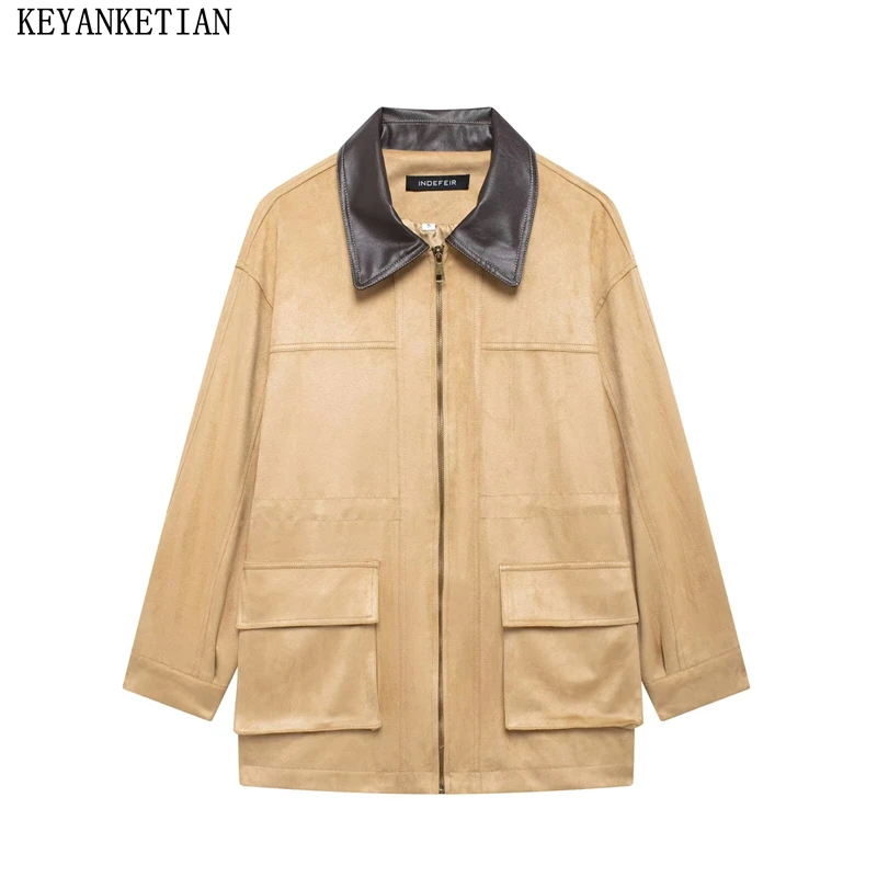 KEYANKETIAN ฤดูหนาวใหม่ผู้หญิงหนังเทียมเปิดลงปกเสื้อหนังนิ่ม Safari สไตล์ Flap กระเป๋าหลวม Zipper Blazer