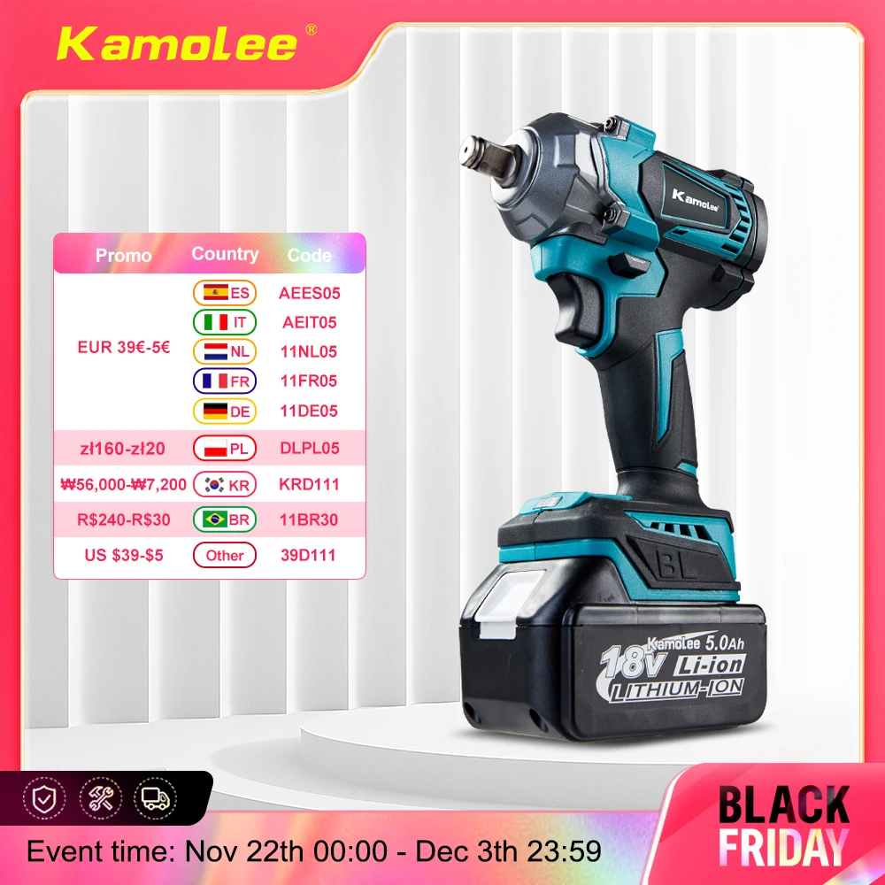 Kamolee 1200N.M Torque Brushless Electric Impact Wrench 1/2 1/4 In Lithium-Ion Battery For Makita 18V Battery