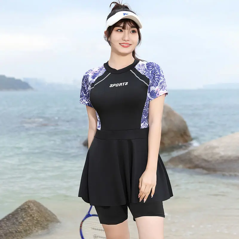 Elegant Fashion Harajuku Slim Fit Swimsuits Women Loose Casual Sport All Match Swimwear O Neck Insert Short Sleeve Swimsuit