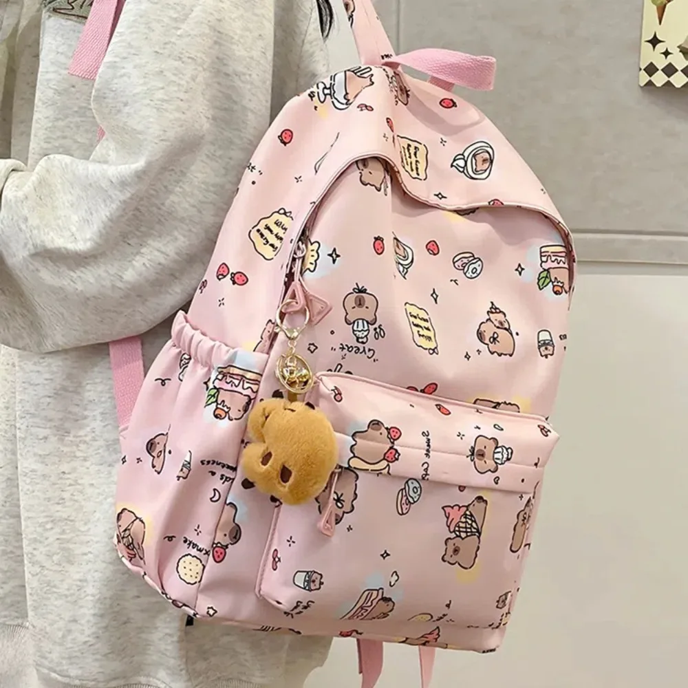 Thickened Capybara Backpack Wide Straps Nylon Cartoon Animal Daypack Foldable Multi Functional Large Capacity School Bag