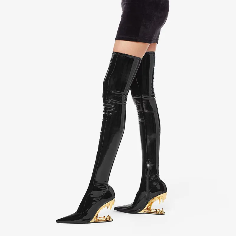 New Fashion Over the Knee Thigh Women\'s Long Boots Sexy Pointed Toe Side Zipper Teeth High Heels Patent Leather Boots