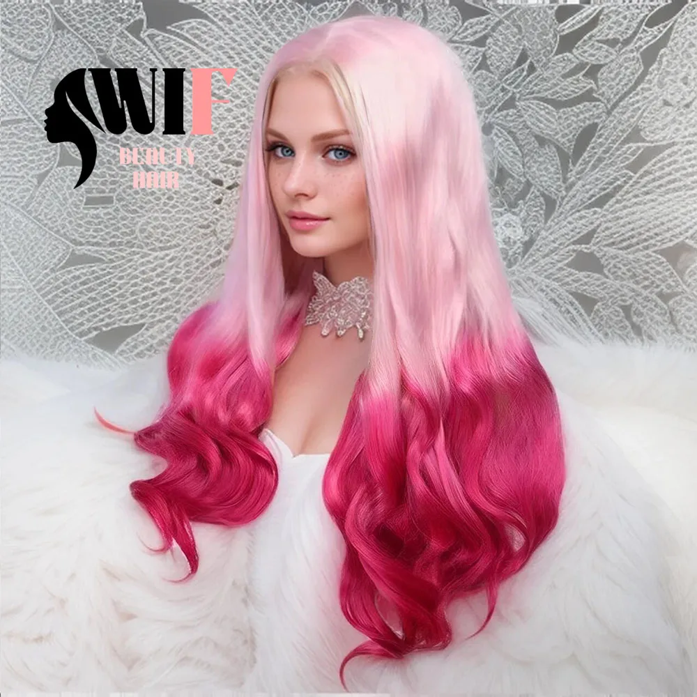 WIF Ombre Pink Body Wave Synthetic Wig Light Pink to Dark Pink Heat Fiber Lace Front Wigs Women Cosplay Use Pink Wavy Hair