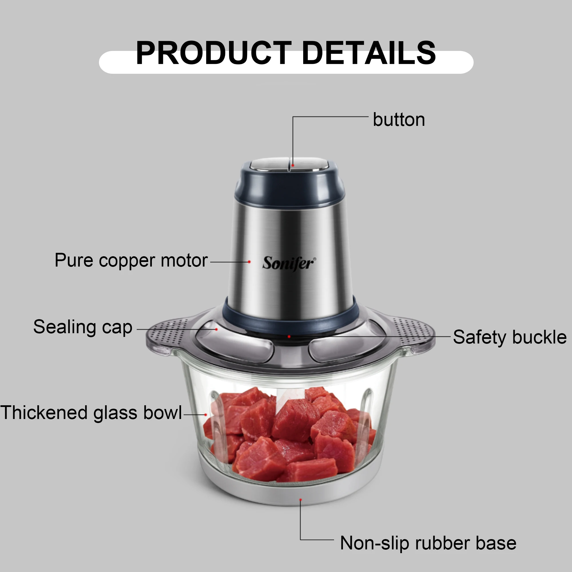 2 Speeds Electric Chopper Meat Grinder 1.8L Glass Mincer Food Processor Slicer Egg Beater Vegetable Meat Grinder 300W Sonifer