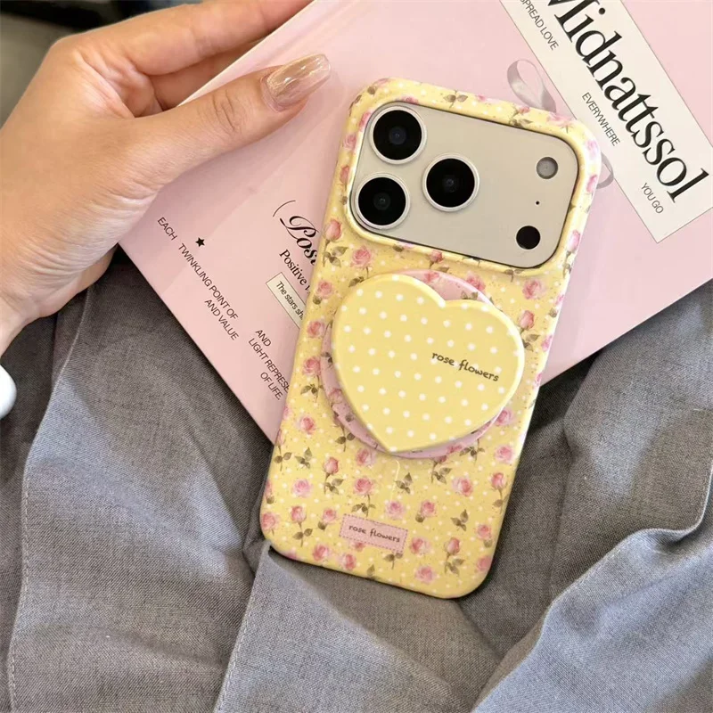 

New Fashion iPhone case Cute Pastel Yellow Floral Rose Magnetic Phone Case With Stand Shockproof Cover For iPhone 17 16 15 Pro M
