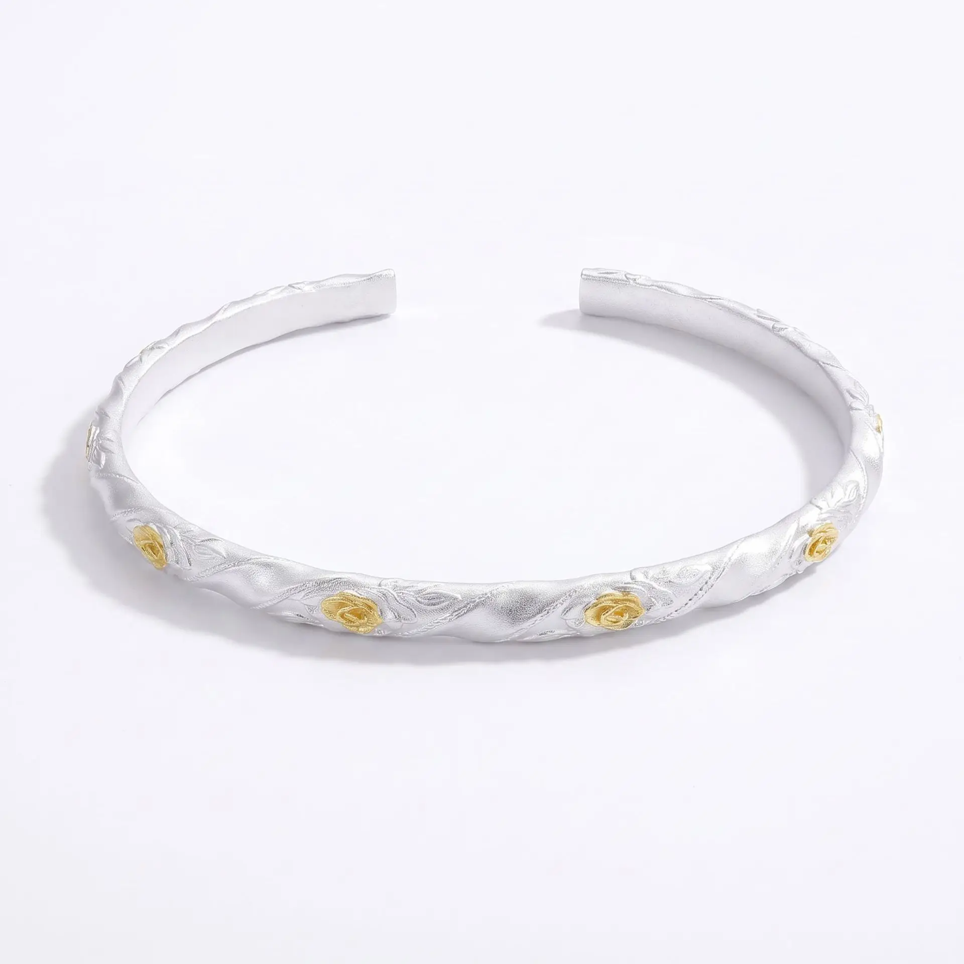 S999 sterling silver rose flower open-ended silver bracelet, ancient gold leaf gilding, three-dimensional rose relief sculpture