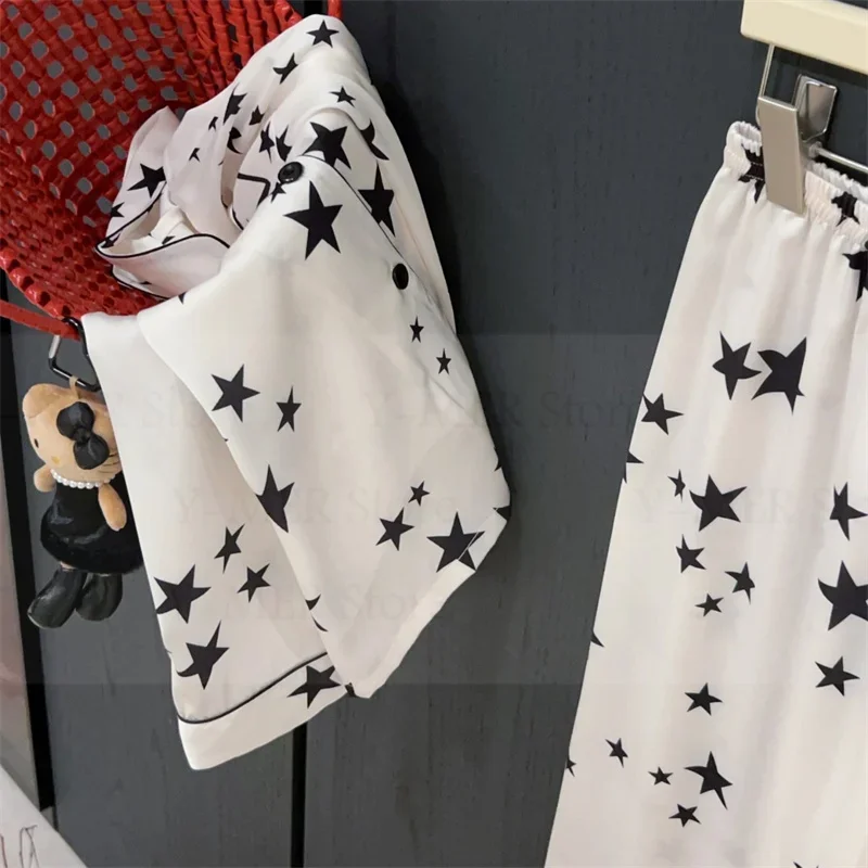 

2025 Autumn Summer Nightwear Long Sleeve Shirt Pants Suit Women Luxury Home Wear Ice Silk Sleepwear White Stars Print Pajamas
