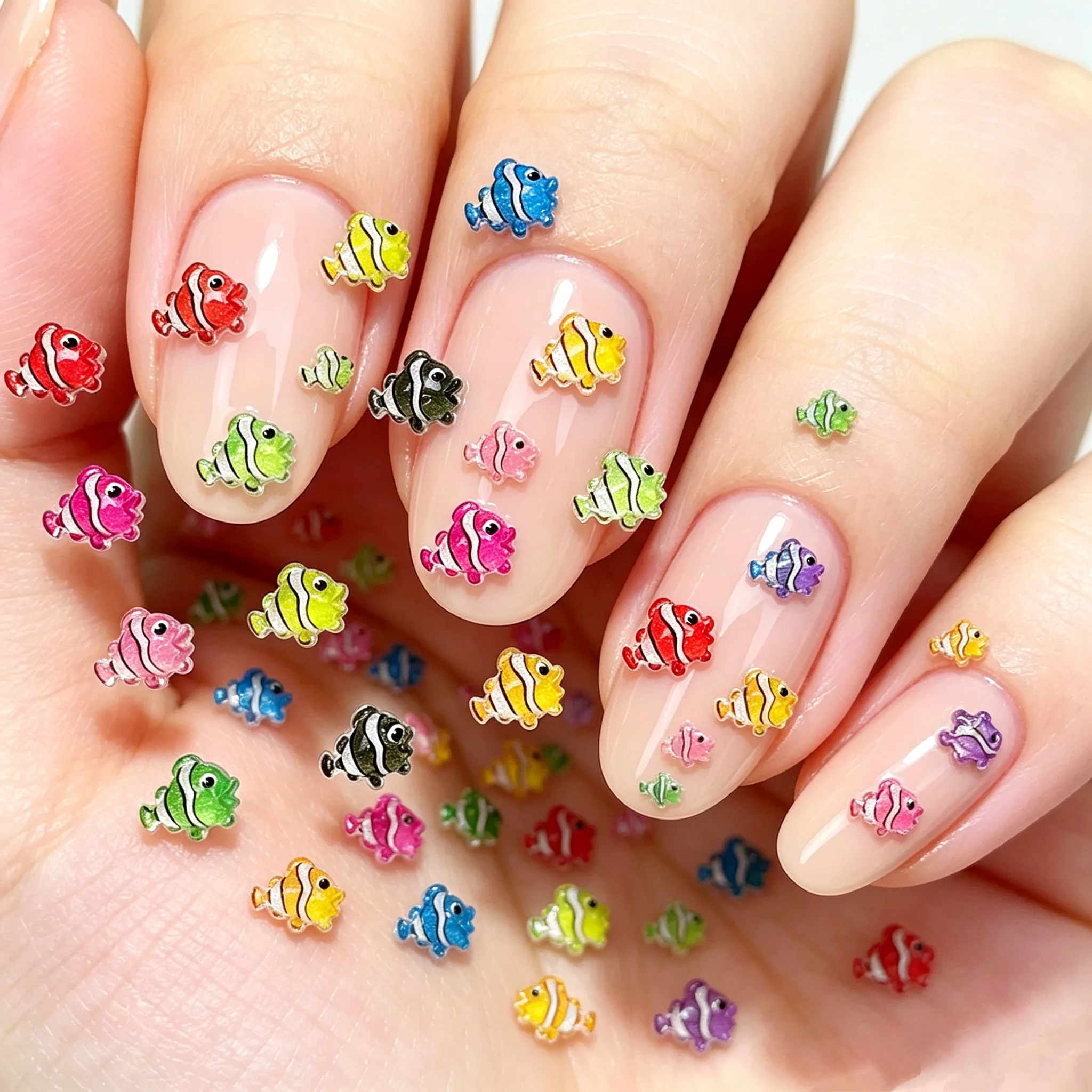 50PCS Colorful Clownfish Nail Charm 3D Resin Tropical Fish Nail Decor Glossy Transparent Fish Manicure for Summer Beach Vacation